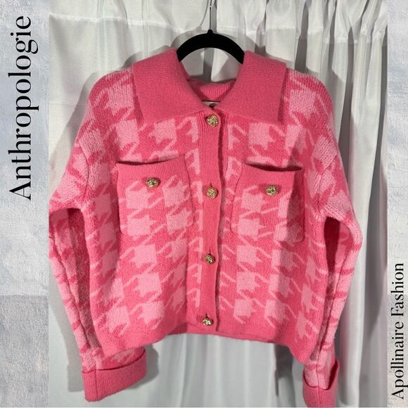 ENGLISH FACTORY FOR ANTHROPOLOGIE HOUNDSTOOTH CROPPED CARDI SWEATER IN PINK MED - Picture 5 of 9
